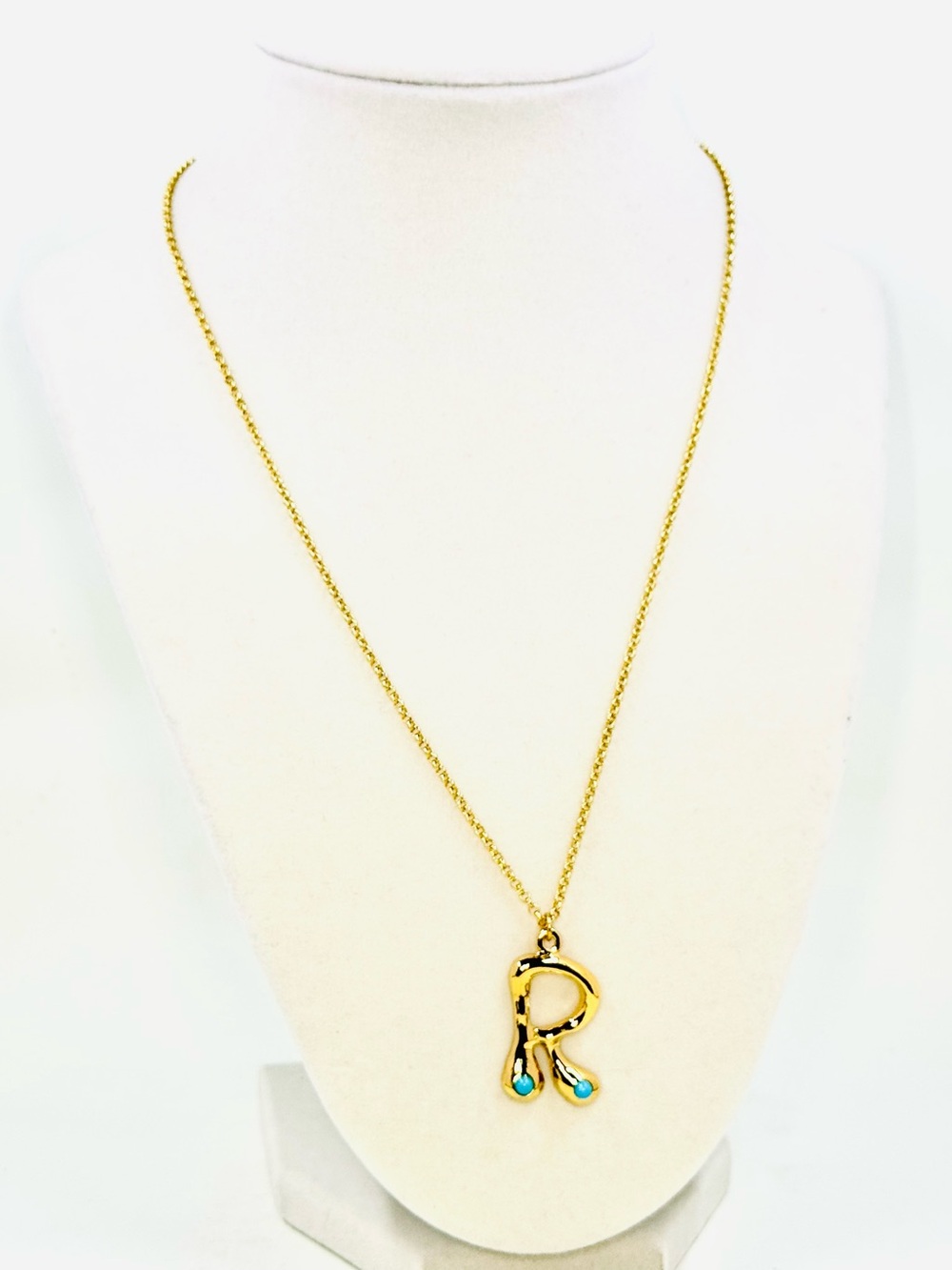 Mayamar 18k Gold Plated Bubble 'R' Initial Necklace W/Turquoise Stones 18” NWT